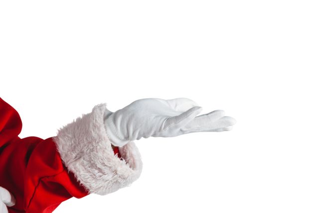 This image features Santa Claus making a hand gesture against a white background. The focus is on the gloved hand and the red suit with fur trim. This image can be used for Christmas and holiday-themed promotions, advertisements, greeting cards, and festive decorations. It evokes a sense of cheerfulness and tradition, perfect for seasonal marketing materials.