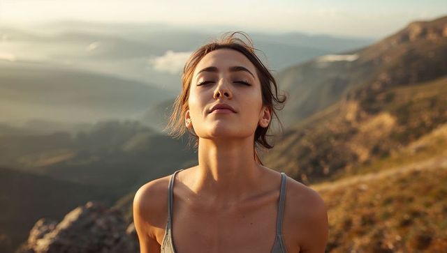 Young woman breathing peacefully on sunlit mountain ridge at golden hour for wellness