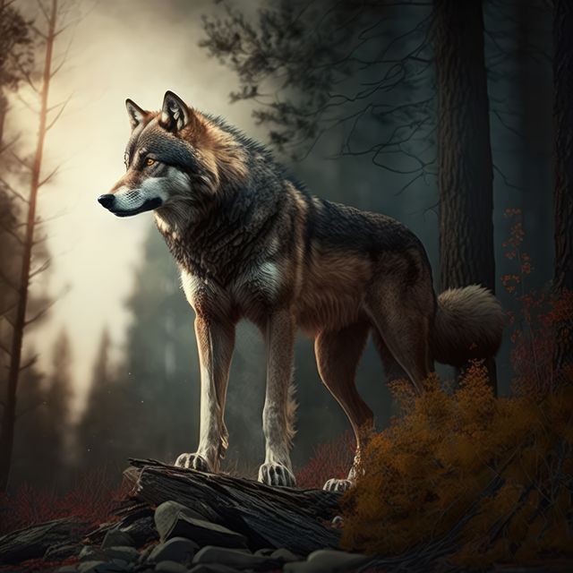 Wolf standing on a rock in a forest during sunset, creating a serene and majestic atmosphere. Ideal for use in nature magazines, wildlife documentaries, animal conservation posters, or as desktop wallpapers.
