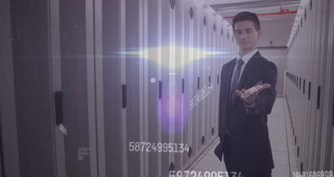 Businessman Presenting Data in Modern Server Room Visualization