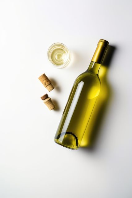 White wine in glass, bottle and corks on white background, created using generative ai technology. Wine week, drink, alcohol and wine tasting awareness concept digitally generated image.