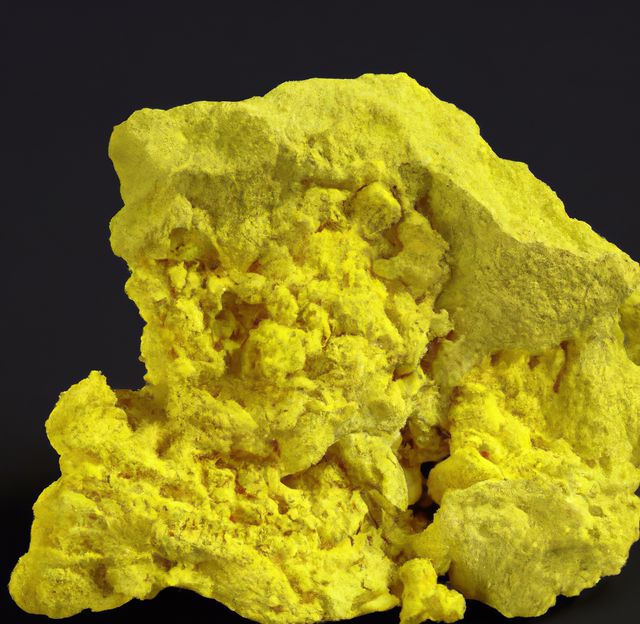 Bright yellow sulfur specimen showcased against a dark background displaying natural mineral structure and raw texture. Suitable for educational content in chemistry or geology, and for materials illustrating natural resources and elements.