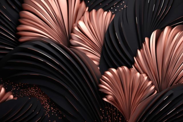 Shiny rose gold and black leaf motifs, created using generative ai technology. Luxury, interior design and abstract background concept digitally generated image.