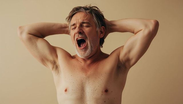 Yawning middle-aged man stretching shirtless chest with hands behind head