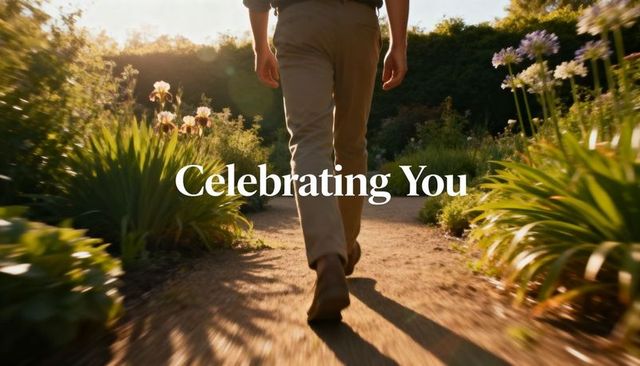 Backlit man walking on sunlit garden path at golden hour with celebrating you text