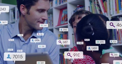 Guiding educator showing tablet to children with augmented data overlays in library