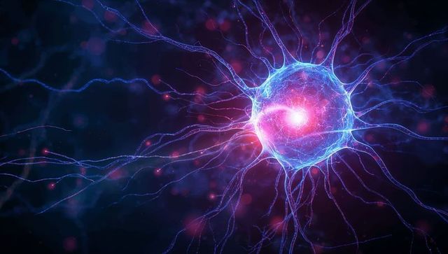 Glowing neuron radiating cyan magenta core with dendrite threads and spark points
