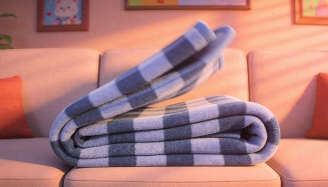 Rolled blue-gray checked fleece blanket resting on beige sofa with orange pillows