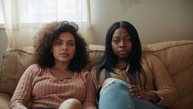 Two friends sitting on beige couch wearing ribbed tops and ripped jeans, relaxed home portrait