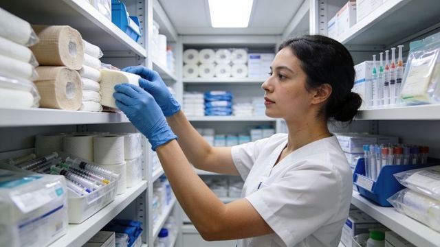 Nurse retrieving bandage roll from organized hospital supply shelving
