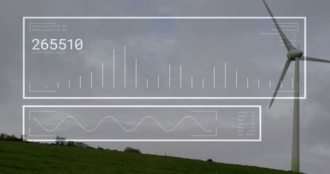 Rotating wind turbine with hud analytics over grassy ridge showing energy data and monitoring