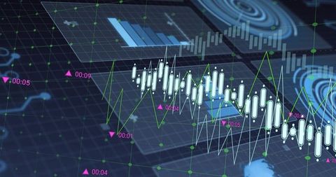 Holographic Financial Candlestick Chart with Green Trendline Neon Analytics Interface