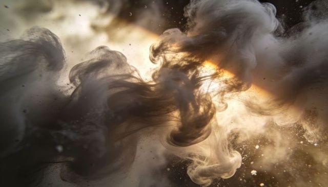 Sculptural swirling smoke and cream plumes with warm backlight creating fluid motion