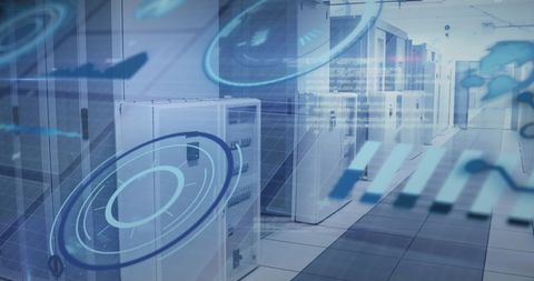 Futuristic interface overlay in modern data center