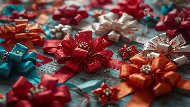 Large Red Ribbon Bow on Rustic Craft Table With Vibrant Decor