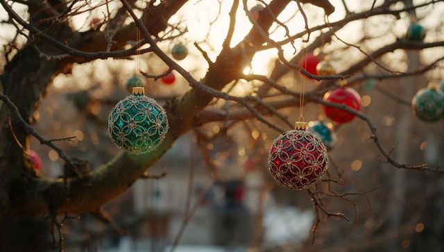 Elegant Christmas Baubles with Filigree Ornamentation on Bare Winter Branches
