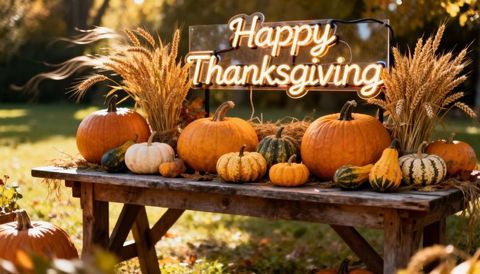 Rustic autumn harvest table celebrating Thanksgiving with pumpkins, gourds and neon sign