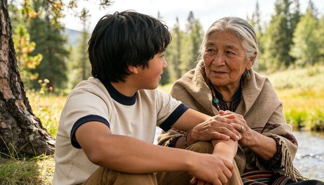 Indigenous grandmother holding hands with grandson by pine meadow stream, sharing wisdom