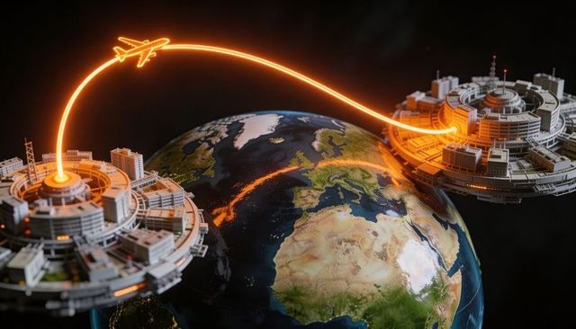 Futuristic orbital transit hubs connecting europe and africa with glowing flight arc