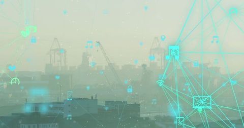 Futuristic Digital Connectivity in Urban Landscape with Harbor Cranes