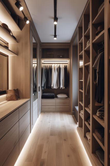 Modern luxury walk-in closet features ample shelving and hanging space to organize clothing and accessories. Wood finish and sophisticated lighting create an elegant atmosphere. Ideal for illustrating interior design concepts, home improvement projects, organization solutions, and luxury living spaces.