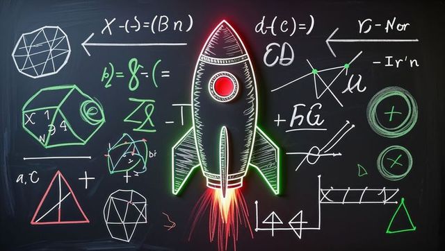 Neon rocket chalkboard with complex formulas and 3d shapes