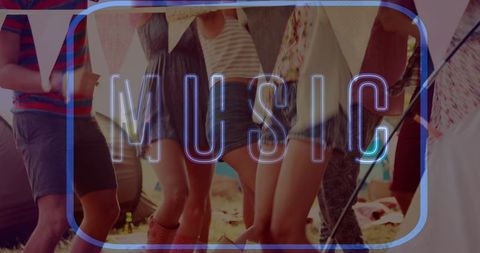 Neon Music Text with Friends Dancing at Beach Party