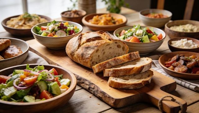 Crusty artisan sourdough loaf featuring fresh salads and rustic side dishes on table
