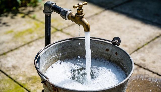 Brass faucet pouring water into galvanized bucket on sunlit stone patio