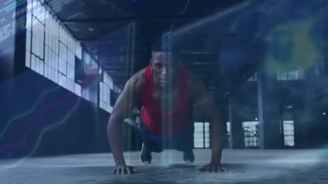 Warehouse Workout: Athlete Performing Explosive Push-Ups with HUD Rep Tracking