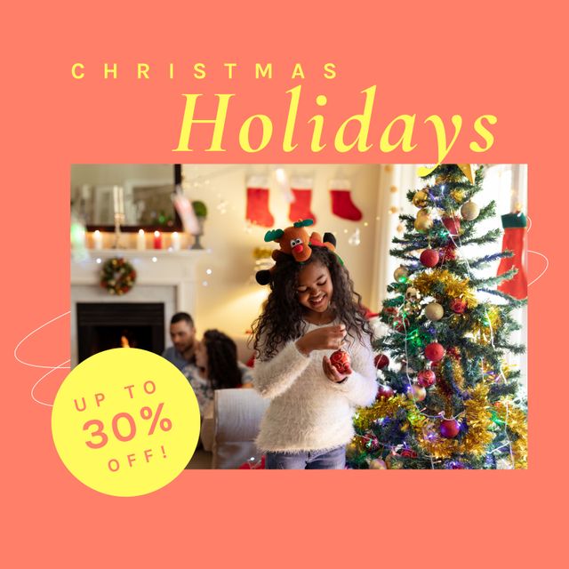 Composition of christmas holidays offer text over african american girl at christmas at home. Christmas holidays, festivity, tradition and celebration concept.
