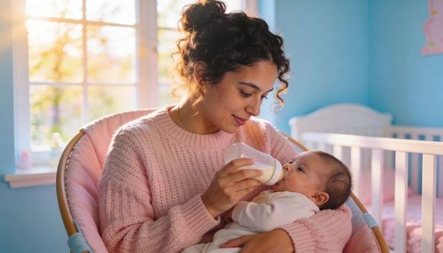 Cradling caregiver feeding newborn with bottle in pastel nursery, warm morning bonding moment