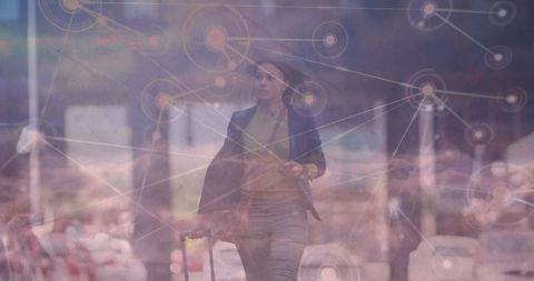 Businesswoman Navigating Future with Digital Network Overlay