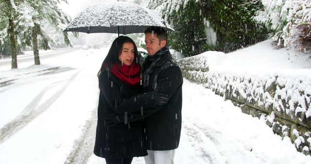 Couple interacting with each other under umbrella during snowfall