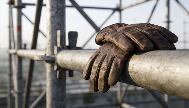 Weathered leather work gloves resting on galvanized scaffold pipe with construction details