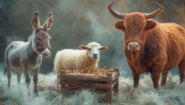 Donkey, Sheep, and Highland Cow in Misty Meadow