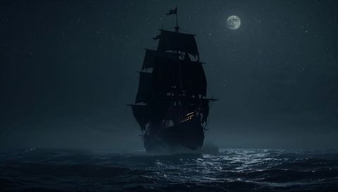 Mysterious vessel sailing under starry night sky