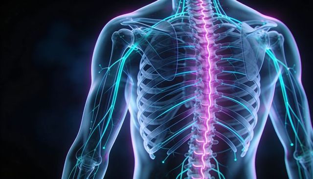 Displaying glowing spine and nerve network in translucent back 3d medical illustration