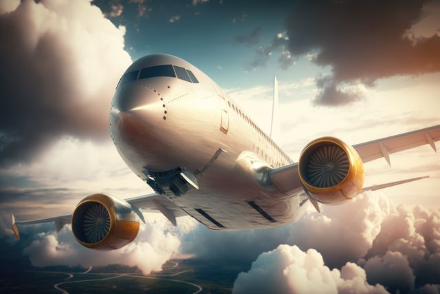 Passenger plane flying through cloudy sky, created using generative ai technology - Download Free Stock Photos Pikwizard.com