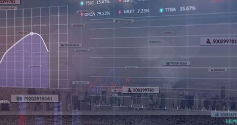 Digital Financial Data Overlay on Urban Skyline During Dusk