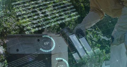 Beekeeper using smoker near hive with futuristic data overlay