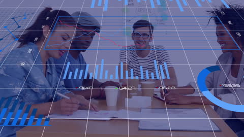 Mixed Team Discussing with Data Graphics Overlay