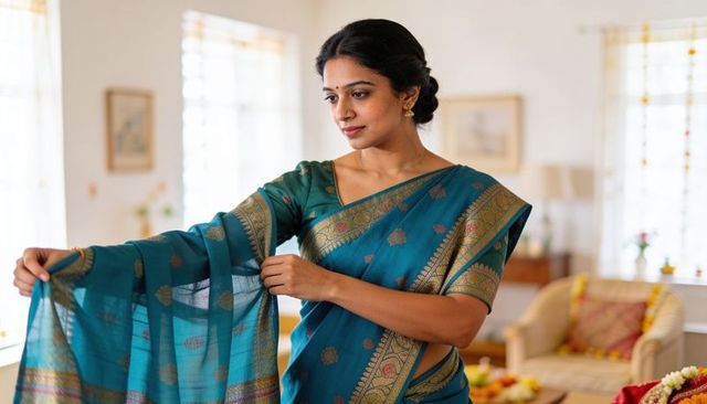 South asian woman adjusting teal silk saree pallu with gold jewelry in bright living room