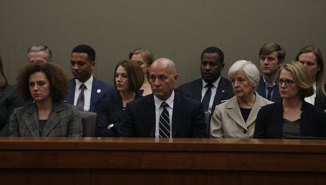 Courtroom hearing audience watching trial, legal team sitting attentively