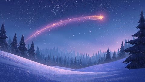 Golden shooting star arcing across twilight over snowy pine forest, magical winter night landscape