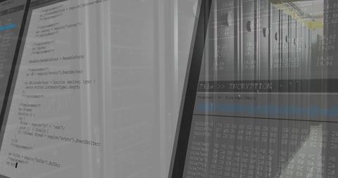 Datacenter monitoring showing encryption progress and code on monitors for cybersecurity operations
