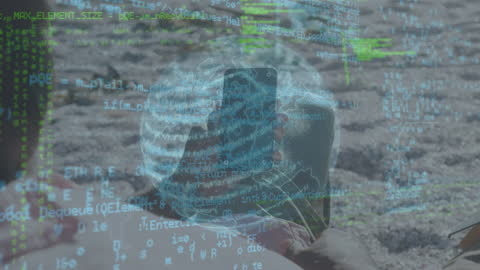 Senior at Beach Surrounded by Digital Code and Globe