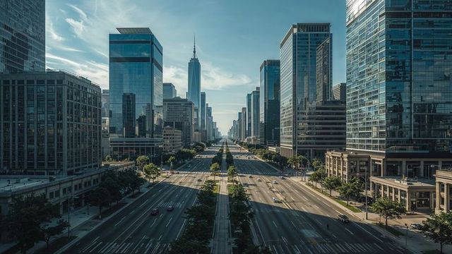 Sunny urban boulevard amid glass tower skyscrapers