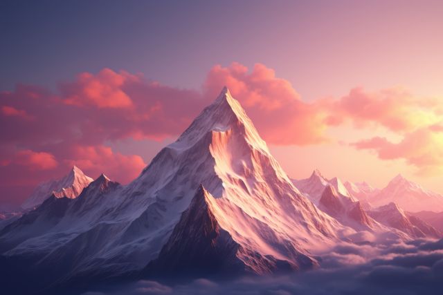 Mountain peak covered in snow bathed in golden sunset light, juxtaposed with soft pink clouds. Fantastic for use in travel brochures, inspirational content, or desktop wallpapers with themes of nature’s beauty and serenity.