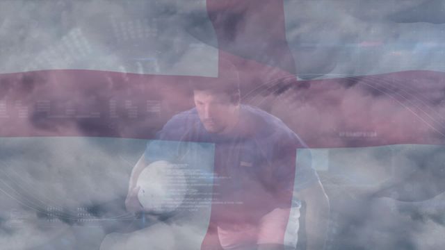 Dynamic animation portrays a male rugby player with an overlay of the England flag and digital effects. Suitable for use in sports promotions, marketing materials, or multimedia pieces highlighting national pride, global sports events, or athlete profiles.